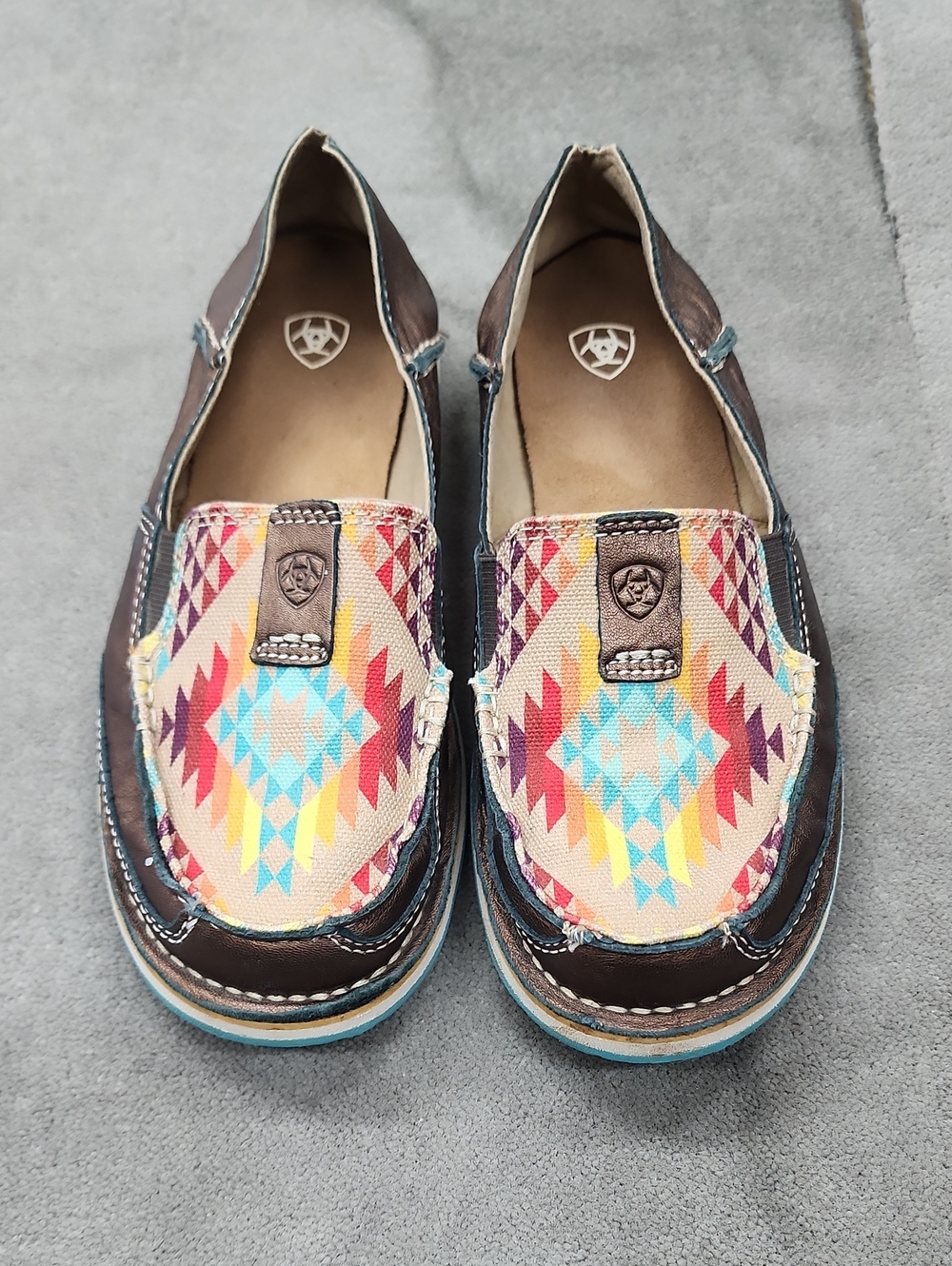 Ariat Brown Leather Slip-On Loafers with Multicolor Aztec Pattern